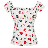 Summer Women Vintage Party Blouse 50s 60s Cherry Print White Cotton Short Sleeve Elastic Neck 2022 Tops Women