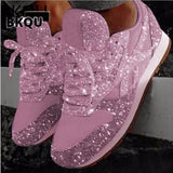 Women Casual Glitter Shoes Mesh Flat Shoes Ladies Sequin Vulcanized Shoes Lace Up Sneakers Outdoor Sport Running