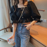 Women New Fashion Summer Blouses Ruffles Square Collar Corp Top Novelty Womens Pure Sweet Elegant Trendy Pleated
