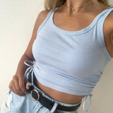 Ruched Sleeveless Tank Tops Tees Women Solid Casual Fashion Crop Top Ladies High Street Tie Up Croptop Summer