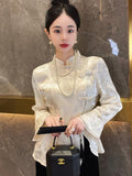 Chinese Women's Wear 2023 Spring Dress New Blouse High-End National Style Vintage Plate Button Blouse White Jacquard