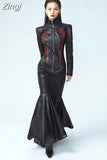 Spring Autumn Cool Red and Black Patchwork Faux Leather Maxi Dress Women with Detachable Hem Luxury Designer