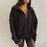 Autumn Winter Turtleneck Knitted Vintage Sweater Women 2021 Long Sleeve Zipper Loose Green Khaki Y2k Casual