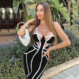 Spaghetti Strap Bandages Dress Women Sexy Striped Patchwork Clothes Club Celebrity Party 2021 New