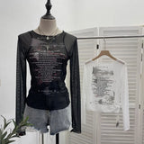 Graffiti-Printing Mesh T-Shirt 2024 Vintage Spice Girls Slime Long-Sleeved Hooded Top