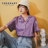 Butterfly Embroidery Blouse Summer Button Down Shirt For Women Purple White Satin Shirt Korean Glitter Blouse