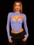 Fashion Sexy Mesh Two Piece T Shirt Women Autumn New Casual Streetwear Y2K Office Lady Wild Slim Crop Top