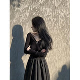Zingj Hepburn V Neck Long Sleeve Knitted Dress Female Summer French With A Waist Show Long Skirt-Outfit