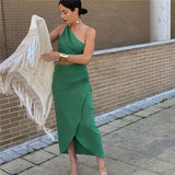 2023 Cut Out Long Dress Women Asymmetric Green Sleeveless Dress Woman Ruched Off Shoulder Midi Summer Elegant Party