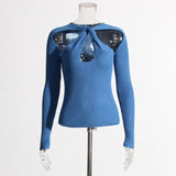 Sexy Hot Babes Knitted Shirt 2025 Summer New Niche Hollow Design Slim Slim Solid Color Sweater