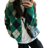 Zingj And Winter New College Temperament Small Knit Coat Female Retro British Wind Diamond Grid V-Neck Sweater Cardigan-Outfit