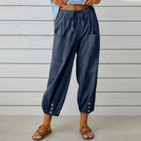 Loose High Waist Button Cotton And Linen Trousers Cropped