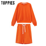 2021 Women Two Piece Set Tracksuits O-neck Sweatshirts Elastic High Waist bermuda shorts solid