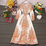 2021 Spring Women New V Neck Long Sleeve Print Chiffon Lace-up A-line Dress Casual Waist Slim Vacation Beach