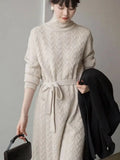 Women Clothing Fashion Turtleneck Knitted Dress 2022 Autumn Winter New Lace-up Waist Sweater Skirt Korean Clothes Women