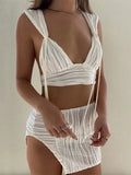 Piece Sets Women 2022 Summer Ruched Sexy Skirt Set Sleeveless V Neck Crop Tops + Split Mini Skirts Female 2Pcs