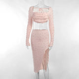 Pearl Sexy Dress Sets Women Square Collar Full Sleeve And Split Skirt Matching Sets Female Club Party Two Piece
