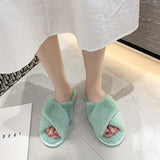 Zingj Slippers Female 2023 Autumn And Winter New Women Flat Toe Home Cross Plush Slippers- Outfit