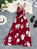 Women Floral Print Long Dress New Summer Sexy V-neck Backless Dresses Female Elegant Bohemian Party Maxi Dress