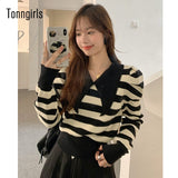 Korean Fashion Vintage Striped Sweater Women Pullovers Wool Peter Pan Collar Lantern Sleeve Autumn 2021 Knitted