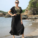 Vintage Embroidery Kaftan Sexy V-neck Batwing Sleeve High Waist Maxi Dress Tunic Women Clothing Summer Beach Dresses