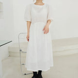 2021 Summer Polka Dot Dress Woman White Yellow Midi Dress Loose Short Sleeve Tassel