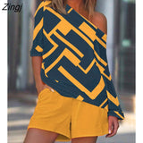 Women Two Piece Suit Geometric Print Loose Casual Top & Shorts Set Summer Holiday Womens Clothings Beach Wear Tracksuits