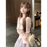 Ice Korean Ballet Powder Sweet Blouse Gray Strap Sling + A Word Mist Purple Dress Three-Piece