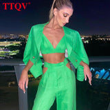 Sexy Slim Hollow Out Trouser Suits Fashion Green Pants Set Bodycon Long Sleeve Blazer With Bra 3 Piece Sets Womens