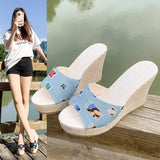 New Thick Bottom Slope With Cloth Face A Word Female Cool Slippers Mature Fashion Casual Large Size High Heel