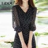 Summer Fashion V-neck Dot Print Waist Midi Dress Women's Simple Temperament Holiday Casual Dresses Long Sleeve