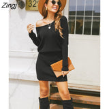 PETAL Black One Shoulder Sweater Dress For Women Sexy Long Sleeve Mini Dress 2023 Autumn Winter Loose Sweater