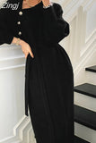 Turtleneck Buttons Women Knitted Dress Elegant Full Sleeve Lace-up Female Thicken Long Dress for Sweater Autumn 2023