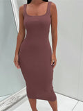 Women Knitted Ribbed Midi Dress Sleeveless Square Neck Solid Color Tank Dress Slim Backless Hollow Out Party