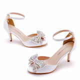 Cm Water Drill Bow Bow Fish Mouth High Heel Sandals Silk Satin Cloth Shallow Buckle With Large-Size Round Head High