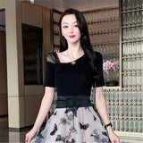 Butterfly Embroidery Wide Lace Up Waist Slimming Tulle Skirt Women High Waist Lace Splicing Mesh Pleated Skirt Korean
