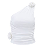 Zingj Women's Clothing Spring And Summer New Fashion Inclined Shoulder Rose Flower Personality Pleated Slim Sexy Sleeveless Jacket Female- Outfit