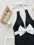 Zingj Bikini Bikini Black And White Contrast Color Bow Tie Band One-Piece Swimsuit