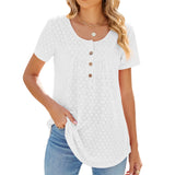 Zingj 2024 New Circle Draw Pleated Button Short Sleeve Swallow-Tailed T-Shirt Top-Outfit
