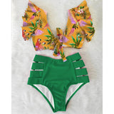 Ruffled Hem Bikini Set Women Flora V-Neck High-Waisted Two Piece Swimsuit 2023 Girl Beach Bathing Suit Swimwear