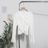 Real Shooting 2024 Autumn Dress Sexy V-Neck Folded Open Fork Short High-Waisted T-Shirt Horn Long Sleeve Bottom Top