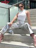Casual Silver PU Women's Pants 2022 Autumn High Waisted Straight Pants Ladies Streetwear Fashion Trousers Female