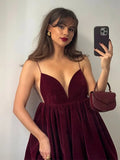 Velvet V-Neck Backless Strap Mini Dress- Outfit