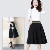 Waist Pleat Elegant Skirt Green Black White Knee-Length Flared Skirts Fashion Women Faldas Saia 5XL Plus Size Ladies