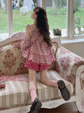 Kawaii Plaid Two Piece Set Women Sweet Loose Ruffled Tops Casual Shorts Suit Summer Y2k Clothes Sutit Korean