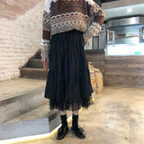 Tulle Midi Skirts Womens Autumn Elastic High Waist Mesh Tutu Pleated Skirts Female Black White Long Skirt
