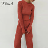 2020 Women Set Sweater Top Long Sleeve And Biker Pants Autumn Winter White Casual Two Piece Set Warm Outfits