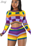 Women Winter 2023 New Colorful Plaid Printed Street Casual National Style Sweater Two Pieces Sets Elastic Skinny