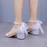 Cm Square Heel Sandals Shallow Mouth With Thick Heel Sandals White Beads Drifted Sandals Bride Wedding