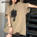 2022 Women's Hole Printed Short Sleeve Harajuku Streetwear Oversized Tee T Shirt Casual Loose All-match Basic Top